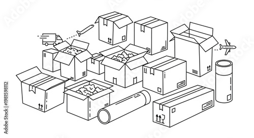 Pile of Cardboard Boxes and Cylindrical Packaging for Moving.