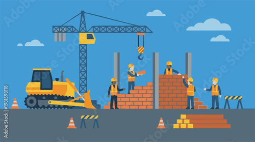 Construction site with workers and heavy machinery in flat design style