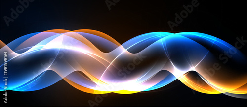 Abstract waves, vibrant colors, dynamic flow. Light blends, creating smooth curves against dark background. Energy radiates.