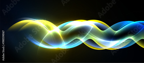 Bright wavy lines dominate image. Colors blendyellow, blue, whiteover dark background. Smooth curves create dynamic visual effect.