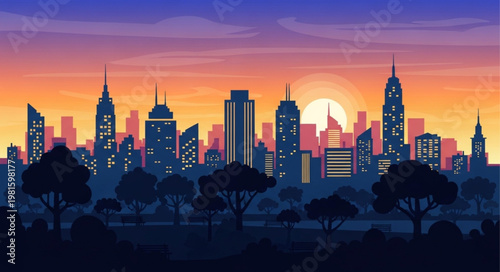 Pixel Art Cityscape at Sunset - A Vibrant Urban Silhouette.