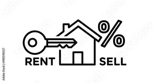 Real Estate Icon with Key, House, and Percentage Symbols for Rent and Sell.