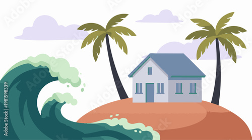 Coastal house threatened by a giant tsunami wave illustration