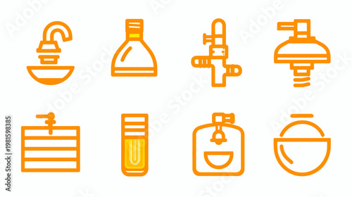 Eight stylized orange-outline illustrations. Depictions of liquid dispensing and containment
