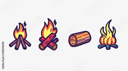 Collection of four stylized campfire illustrations with vibrant colors, log included