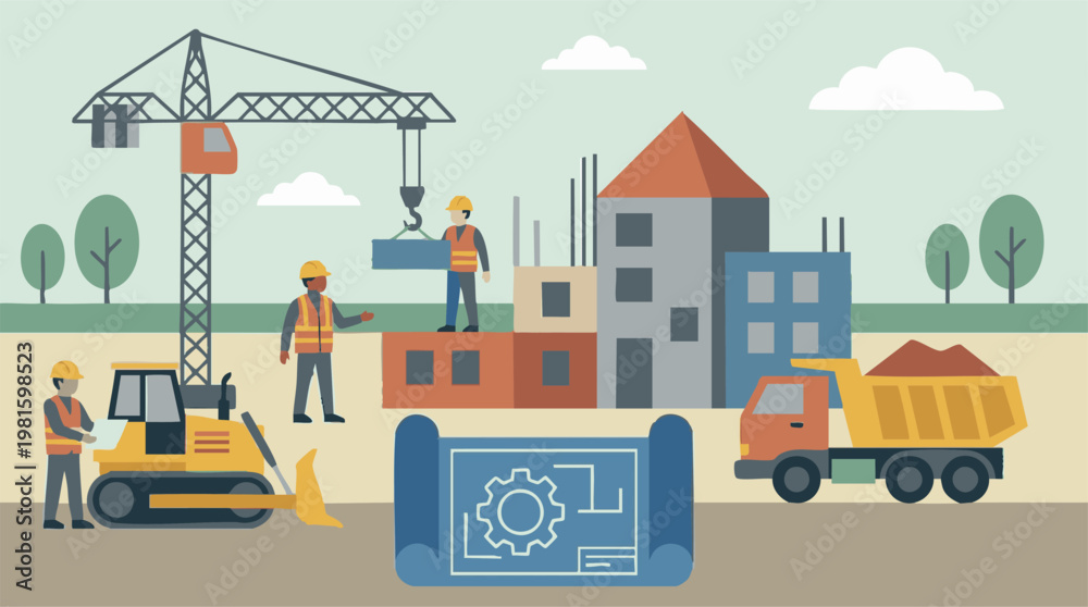 Naklejka premium Construction site with workers, heavy machinery, and buildings under development
