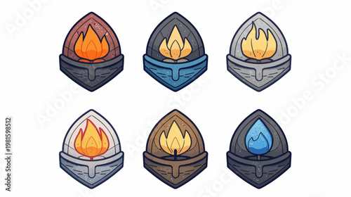 Six stylized emblems featuring flame-like elements within a shield-shaped structure, various colors