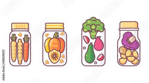 A whimsical illustration showcasing four glass jars filled with colorful vegetables, offering visual variety