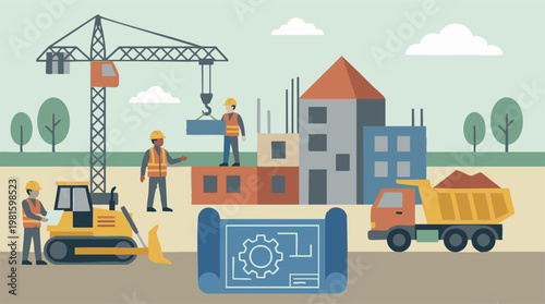 Construction site with workers, heavy machinery, and buildings under development