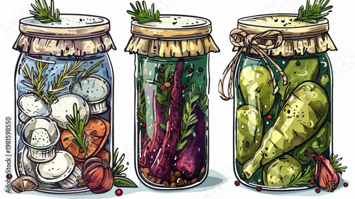 Colorful illustrated jars of preserved vegetables with herbs. Three sealed glass jars, art