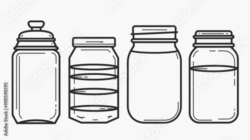 Four black and white illustrations of various glass containers, including jars and a bottle