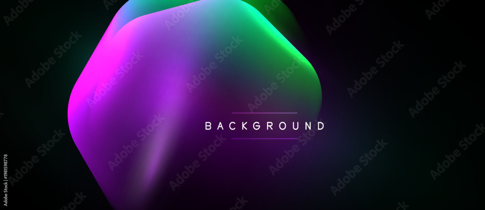 Naklejka premium Abstract fluid shapes blend vibrant colors. Dark background emphasizes glowing magenta, teal, purple gradients. Text reads BACKGROUND.