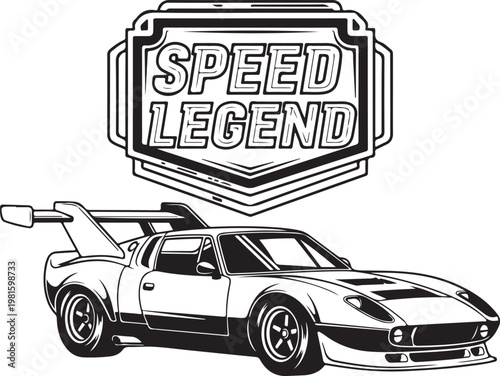 Speed Legend, racing car, vector illustration, black and white, automotive design, speedster