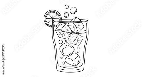 Refreshing Drink with Ice Cubes and Lemon Slice Illustration.
