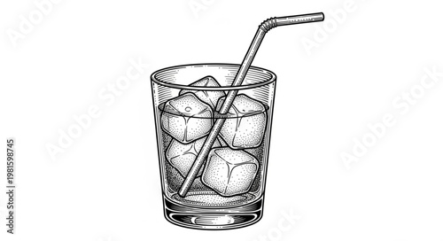 Refreshing Drink with Ice Cubes and Straw in Glass.