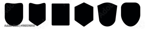 Set of five black shield silhouettes, each with a unique shape. Shield shapes include rounded, square, and pointed. Ideal for design and emblem projects. Element vector set.