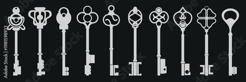 Collection of ornate vintage keys with intricate designs. Vintage keys in various shapes. Ornate keys perfect for antique decor or design inspiration. Element vector set.