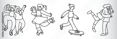 Line art of people having fun: friends dancing, a girl roller skating, a boy skateboarding, a couple hugging. Fun, friends, skating, dancing, hugging. Doodle vector set.