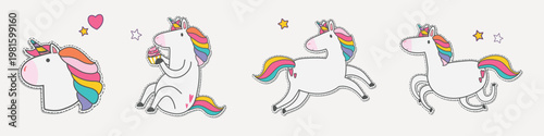 Cute unicorn illustrations with rainbow manes. Unicorns with stars and hearts. Adorable unicorns in playful poses. Rainbow unicorns bring joy and magic. Cute illustrations, vector set.
