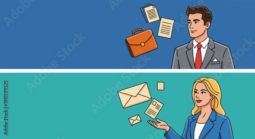 Business professionals communicating with documents and office supplies