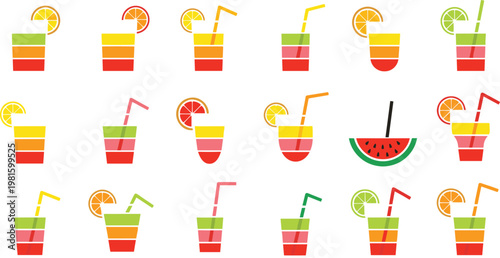 Minimal layered juice drink icon collection vector set with colorful fruit beverages and citrus garnish isolated on transparent background for summer design