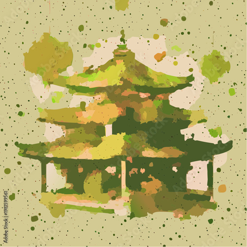 Traditional Japanese Pagoda in Abstract Watercolor Style.