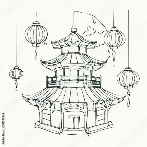 Traditional Asian Pagoda with Hanging Lanterns Line Art Illustration.