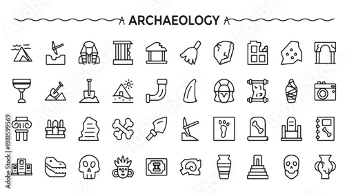 Archaeology Icons Set with Excavation Tools, Ancient Artifacts and Historical Symbols for Research and Museum Design
