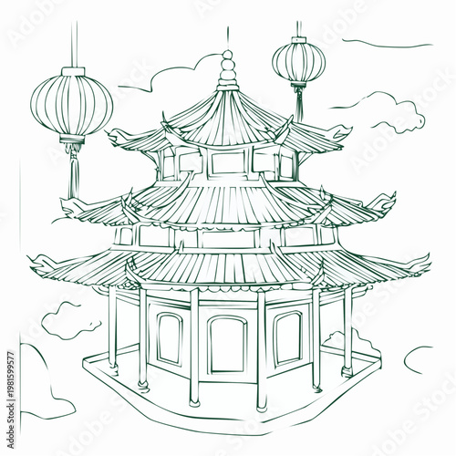Traditional Chinese Pagoda with Lanterns Sketch.