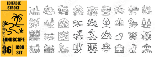 Landscape icon set. Editable line icons. Vector illustration. 