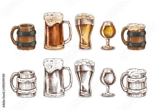 Hand drawn vintage sketch set of beer mugs glasses steins with foam in color and monochrome style