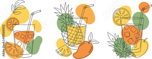 Abstract tropical fruit juice compositions vector set featuring colorful citrus pineapple mango drinks in modern artistic style isolated on transparent background