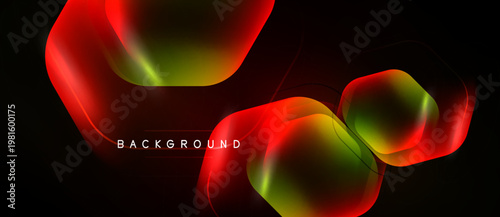 Abstract design features vibrant red, green gradients. Hexagonal shapes, flowing lines create dynamic background. Dark backdrop enhances luminosity.