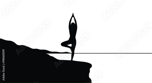 yoga silhouette on cliff edge balance