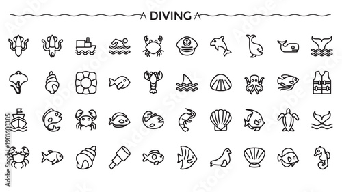 Diving Icons Set with Sea Creatures, Scuba Gear and Marine Objects for Ocean, Travel and Underwater Design
