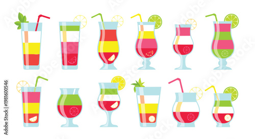 Colorful cocktail drink collection vector set featuring layered fruit beverages with straws and citrus garnish isolated on transparent background for summer design