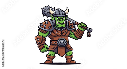 Cartoon orc warrior with weapon on white background