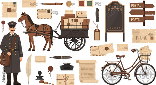 Vintage Postal Service Set Featuring Mailman, Horse-Drawn Cart, Post Letters, and Retro Delivery Items for History, Postal, and E-Commerce Themed Designs, Vector Illustration