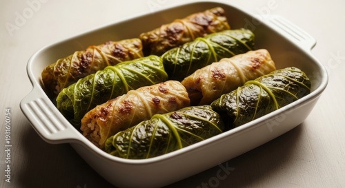 Delicious stuffed cabbage rolls in a white baking dish comfort food
