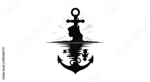 black anchor silhouette with reflection on water