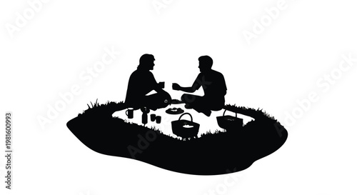 silhouette of two people having picnic outdoors