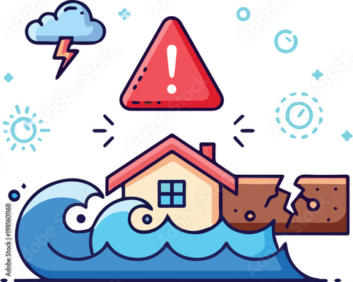 A flooded house with a warning sign and stormy weather is shown underwater with damage.