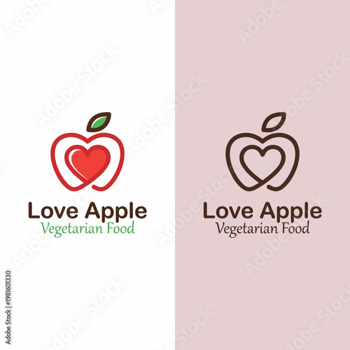 This charming logo integrates an apple and heart shape, representing vegetarian food choices and love for healthy eating, promoting a wholesome lifestyle brand. Fresh and friendly.