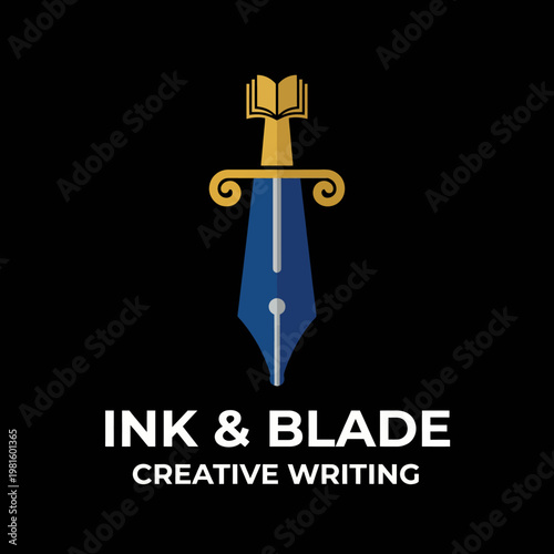 This distinctive logo merges a pen and book, illustrating the art of creative writing, ideal for authors, publishers, or writing services focusing on literary excellence.