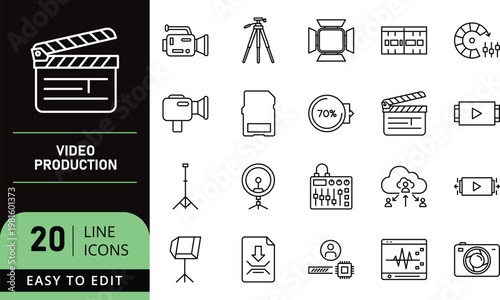 A collection of 20 line icons for video production and editing
