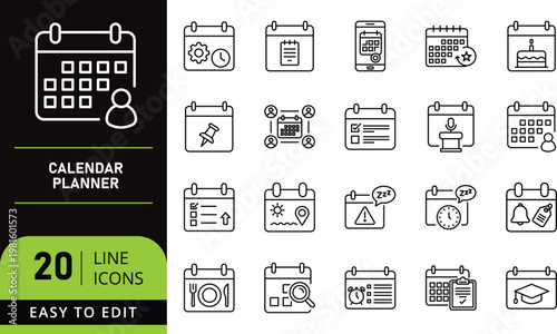 A collection of 20 line icons for a calendar planner app