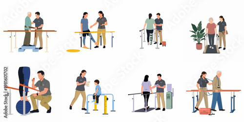 Set of illustrations featuring physical therapists assisting patients of different ages with mobility and strength training in a clinical setting.