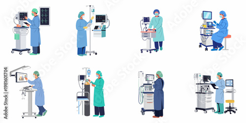 Set of Illustrations Featuring Medical Professionals in Scrubs Operating Advanced Hospital Equipment, Vital Sign Monitors, and Life Support Systems in a Clinical Setting.