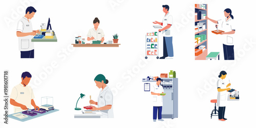 Set of flat illustrations featuring professional pharmacists and pharmacy technicians preparing prescriptions, managing inventory, and handling medical supplies in a clinical environment.