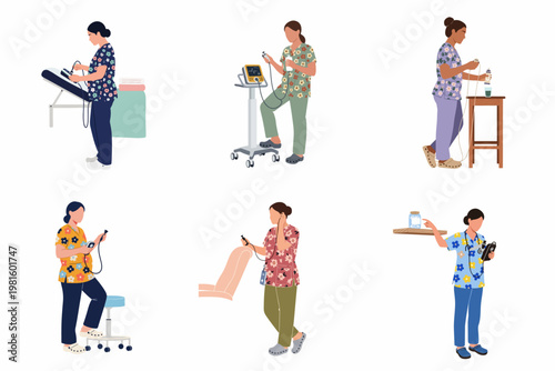 Collection of Female Healthcare Professionals in Floral Scrubs Operating Various Medical Diagnostic Equipment and Portable Monitoring Devices